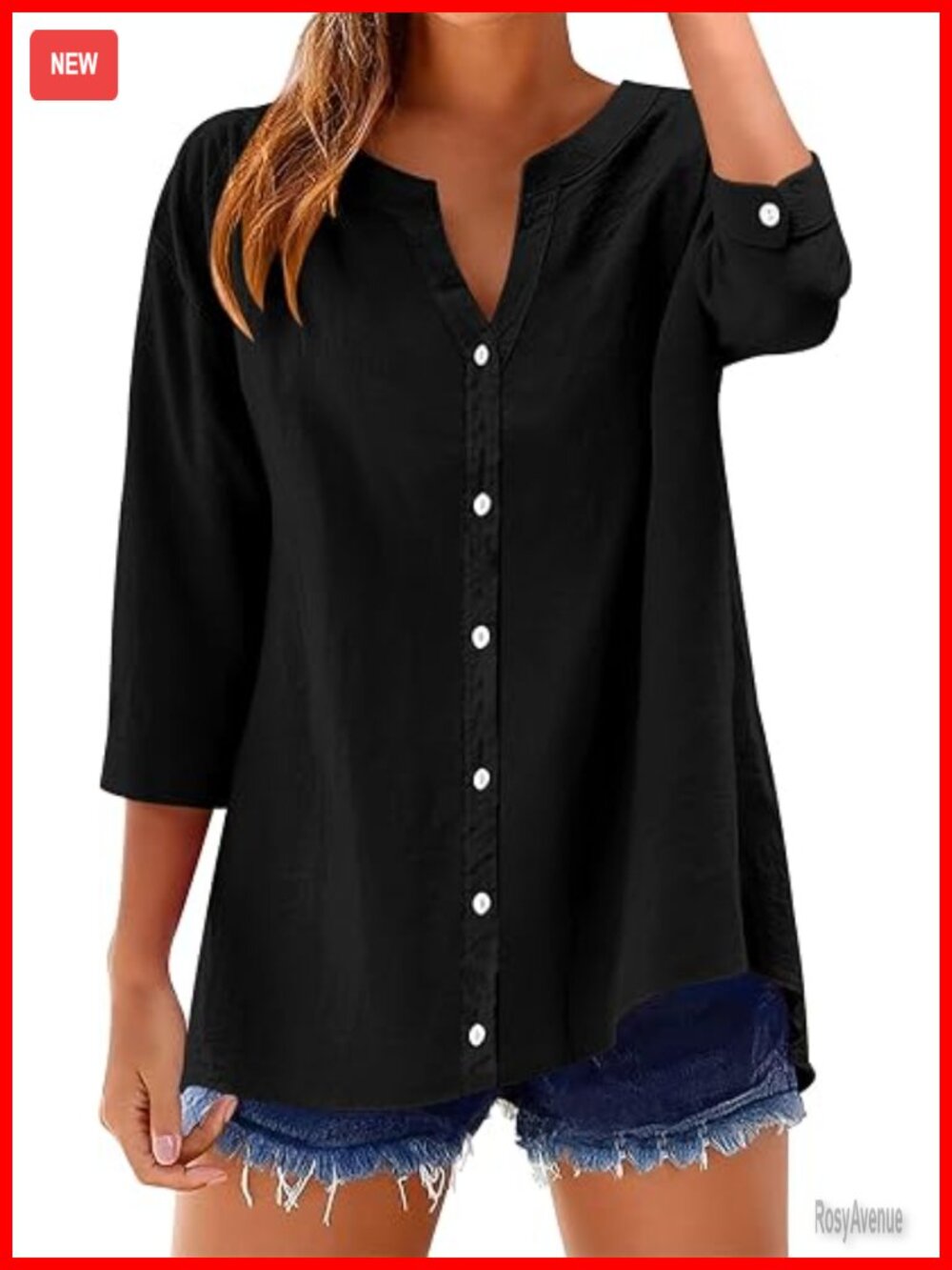 Cotton Linen Blend 3/4 Sleeve Button Down Shirt V Neck Loose Fit Blouse